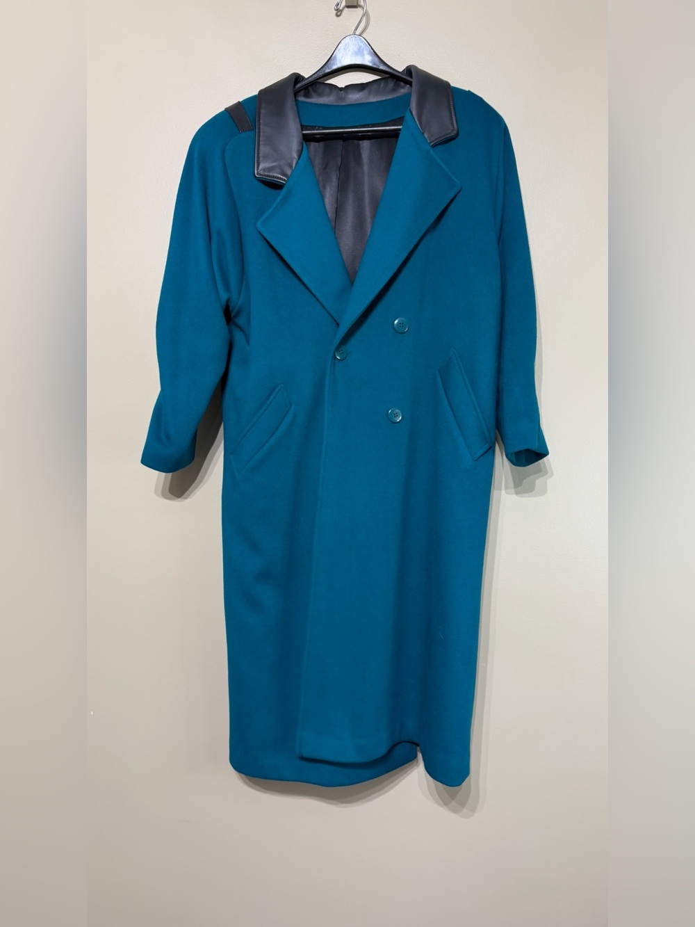 Vintage 1980’s Braemar Petites 100% Virgin Wool Teal Faux Leather Power Trench - Picture 2 of 9